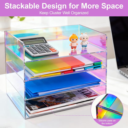 Gelite Acrylic File Organizer for Desk 4 Tiered Stackable Letter Tray Office Paper Storage Desktop Document Sorter, Neon Pink