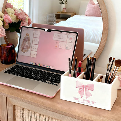 Purple Coquette Bow Pen Pencil Holder for Desk, Girly Office Decor, Preppy Purple Bow Aesthetic Wooden Box Sign Decorations for Girly Room Bedroom Dorm Office Desk Tabletop