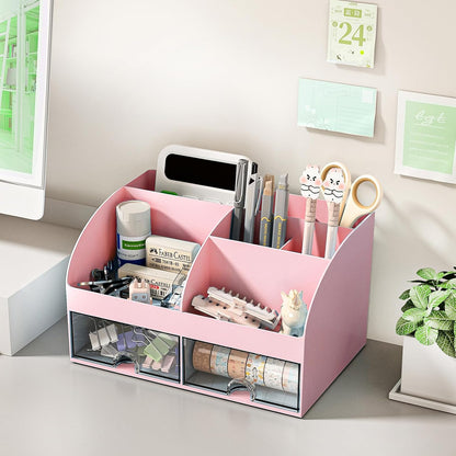 COMFYROOM Desk Organizer with 6 Compartments and 2 Drawers, Plastic Makeup Organizer, Pen Holder for Desktop Storage, Desk Organization for School, Home, Office Supplies (White)