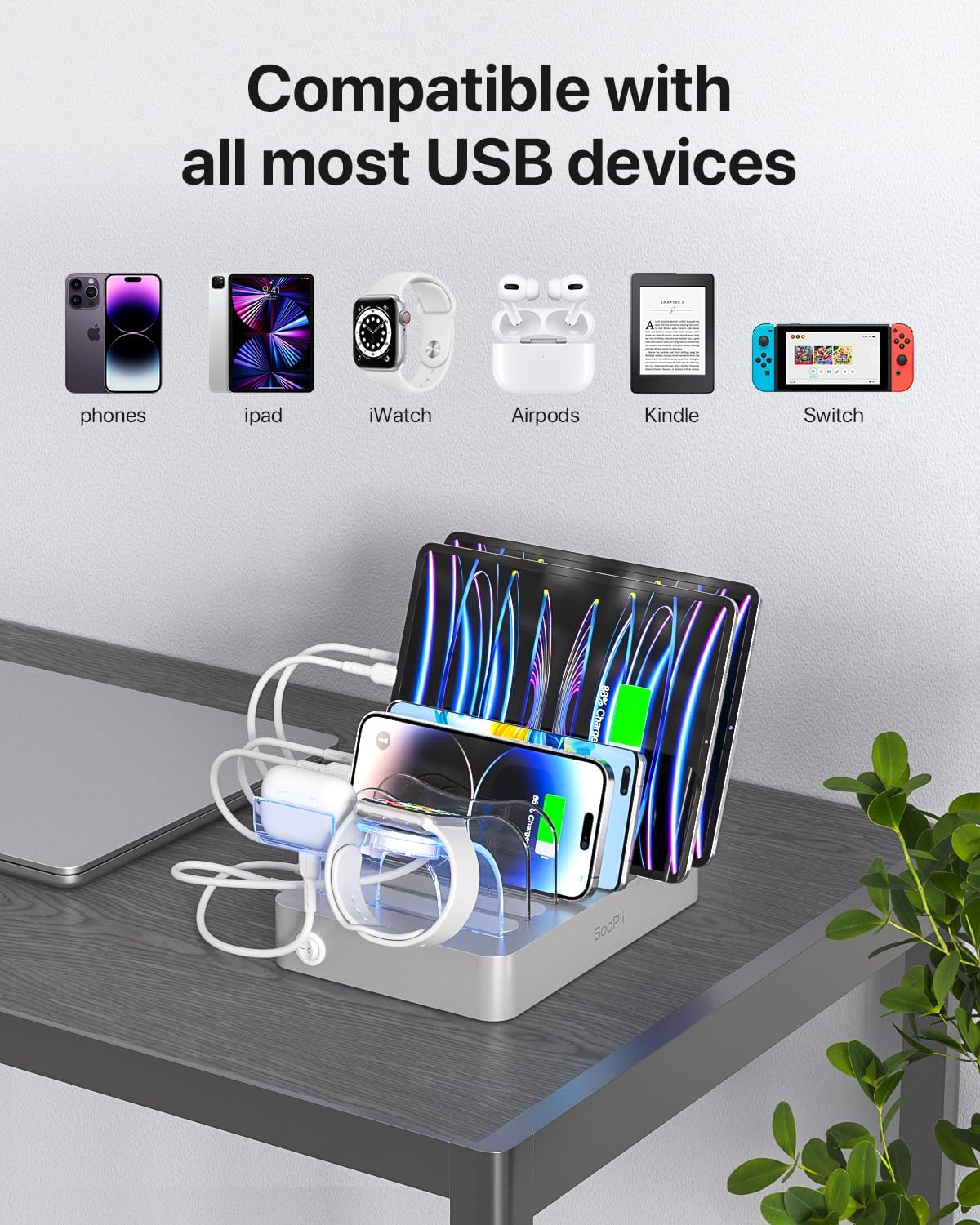 SooPii Premium 6-Port USB Charging Station Organizer for Multiple Devices, 6 Short Charging Cables and One Upgraded i-Watch Charger Holder Included, for Phones, Tablets, and Other Electronics, White