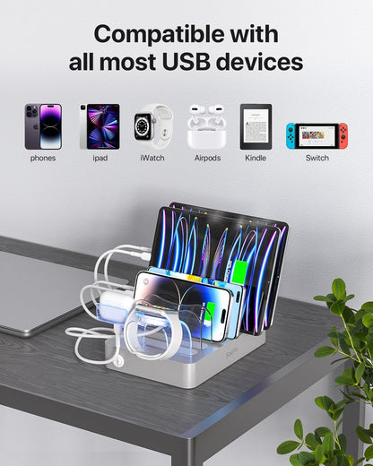 SooPii Premium 6-Port USB Charging Station Organizer for Multiple Devices, 6 Short Charging Cables and One Upgraded i-Watch Charger Holder Included, for Phones, Tablets, and Other Electronics, White