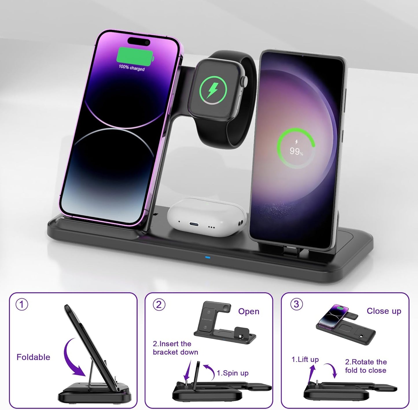 Wireless Charger for iPhone Charging Station, Foldable 4 in 1 Fast Charging for iPhone 16 15 14 13 12 Pro Max Plus, Charger Stand for Apple Watch & Airpods 4 3 2 Pro,for Samsung Series Black