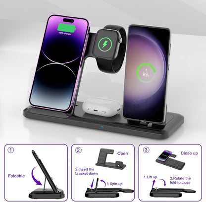 Wireless Charger for iPhone Charging Station, Foldable 4 in 1 Fast Charging for iPhone 16 15 14 13 12 Pro Max Plus, Charger Stand for Apple Watch & Airpods 4 3 2 Pro,for Samsung Series Black
