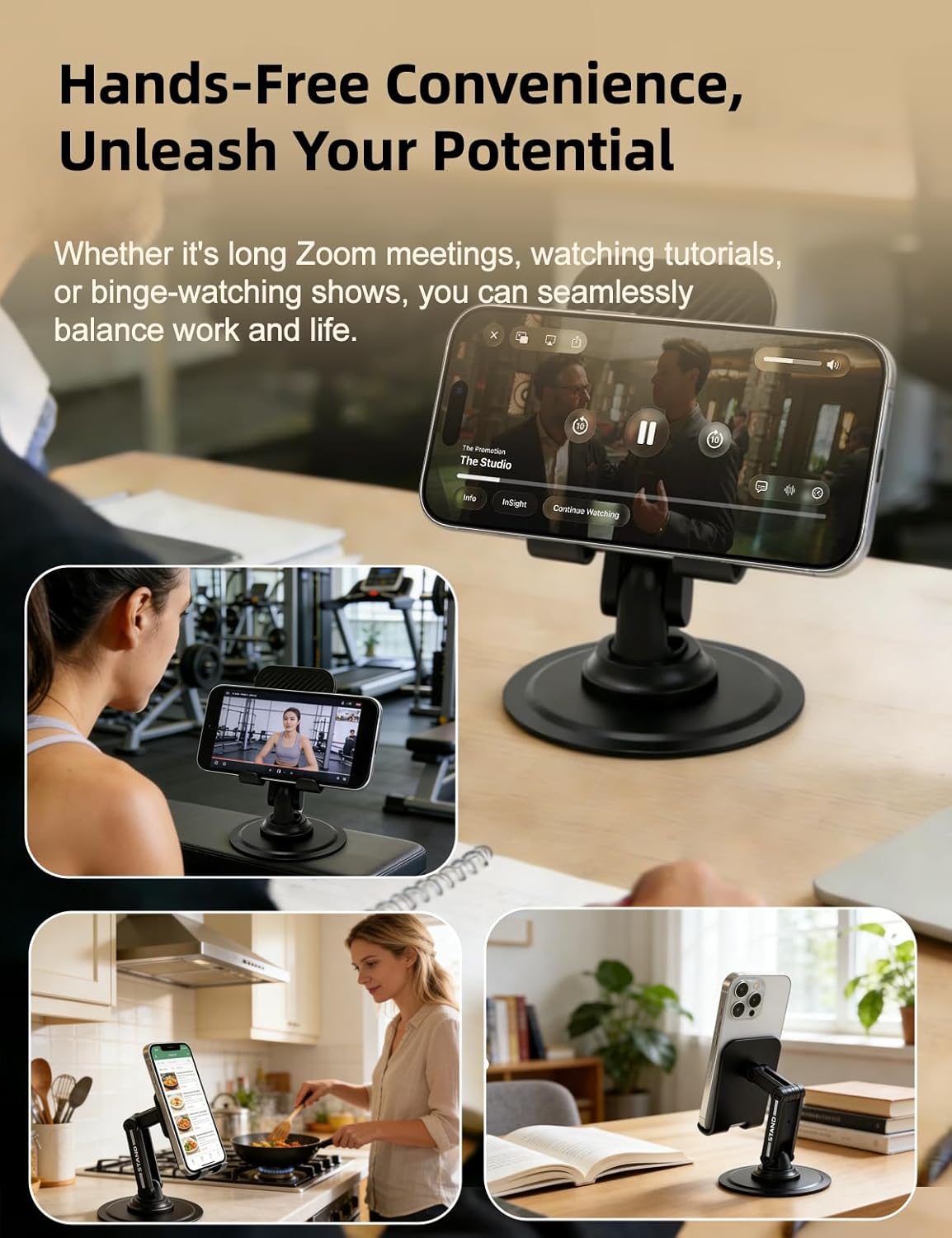 Phone Stand for Desk, Adjustable Dual-Axis 360° Rotating Sturdy Cell Phone Holder, Anti-Loose Maintainable Design, Compatible with iPhone Android Smartphones