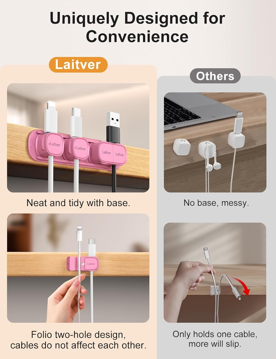 6 Pack Magnetic Cable Clips [1s Open/Lock], Laitver Cord Organizer Holder Strong Adhesive Desk Cable Management- Organize Charging Cords Neatly for Home, Office, Car,Desk, Nightstand