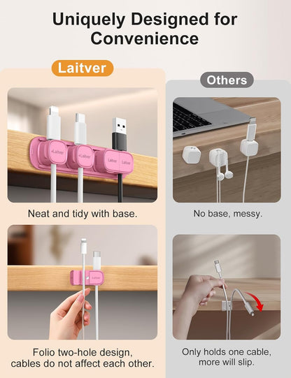 6 Pack Magnetic Cable Clips [1s Open/Lock], Laitver Cord Organizer Holder Strong Adhesive Desk Cable Management- Organize Charging Cords Neatly for Home, Office, Car,Desk, Nightstand