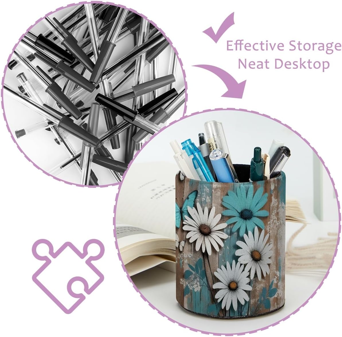Leather Pen Holder for Desk, Love Cherry Pencil Organizer Pencil Cup Desk Decor Makeup Brush Holder Multifunctional Office Supplies for Home,Office, School