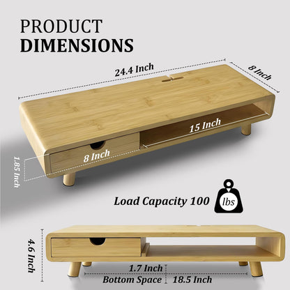 Homerays Monitor Stand with Drawer, Exquisite Computer Monitor Stand for Desk, Ergonomic Wood Monitor Stand Riser for Computer,Laptop,Printer,TV,Bamboo,White