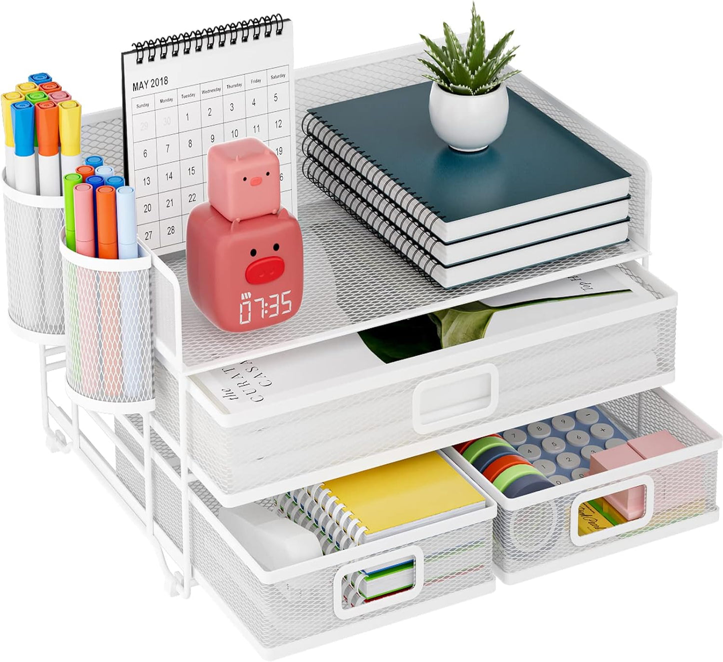 Marbrasse 3 Tier Mesh Desk Organizer with Drawer, Multi-Functional Desk Organizers and Accessories, Paper Letter Organizer with 2 Pen Holder for Home Office Supplies (Black)