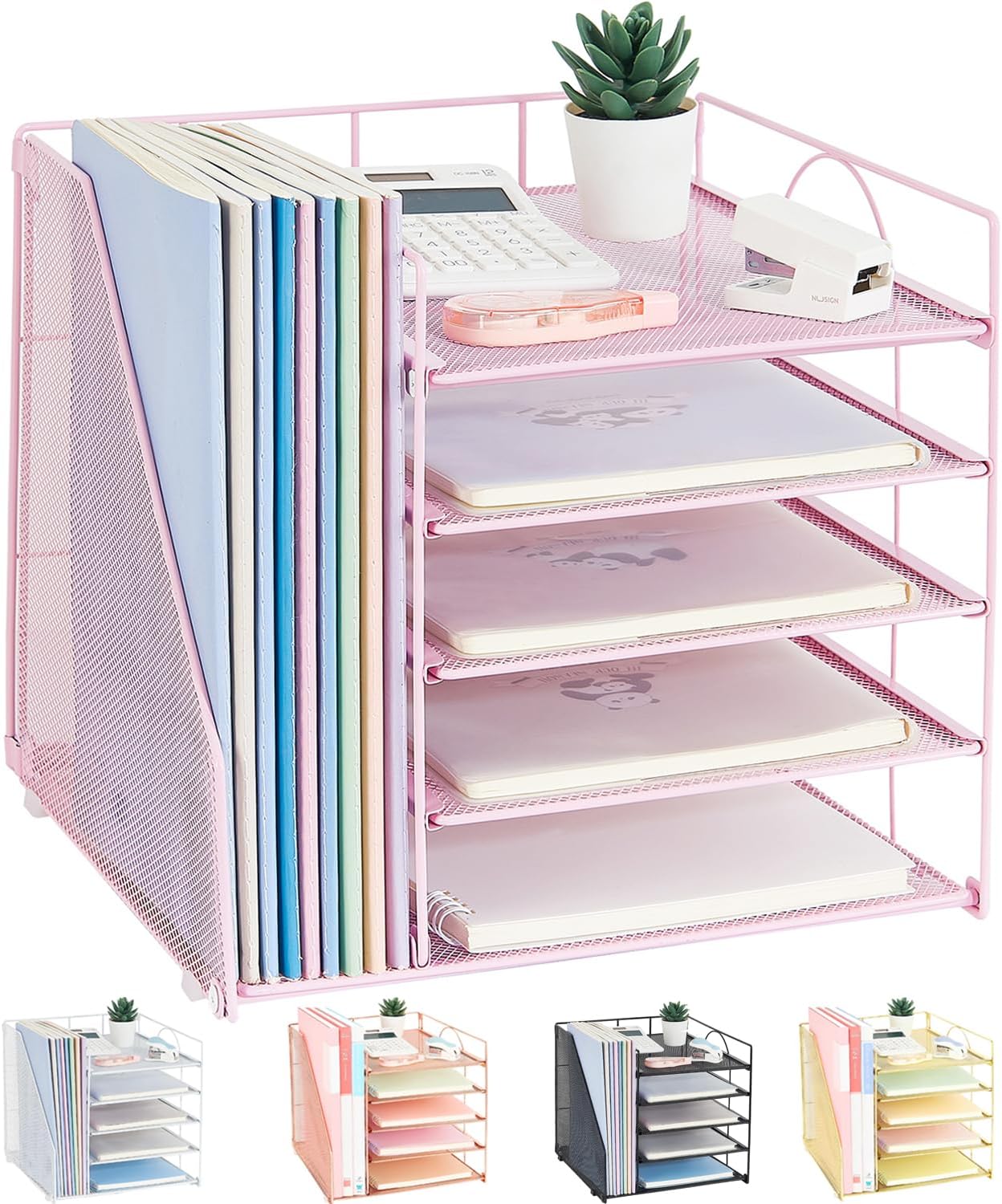 LEKETREE Desk Organizers and Accessories, 5-Tier Paper Letter Tray Organizer with File Holder, Desktop Organizer for Office Supplies (Black)