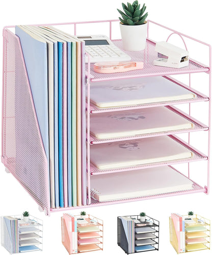LEKETREE Desk Organizers and Accessories, 5-Tier Paper Letter Tray Organizer with File Holder, Desktop Organizer for Office Supplies (Black)