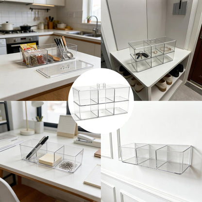 2 Pack Acrylic 3-Compartment Organizer Box, Storage Box with Lid, Clear Pen Holder Organizer Makeup Brush Holder for Office Desk Accessories, Cosmetic Brush Storage Box, Dorm, Bathroom, Kitchen