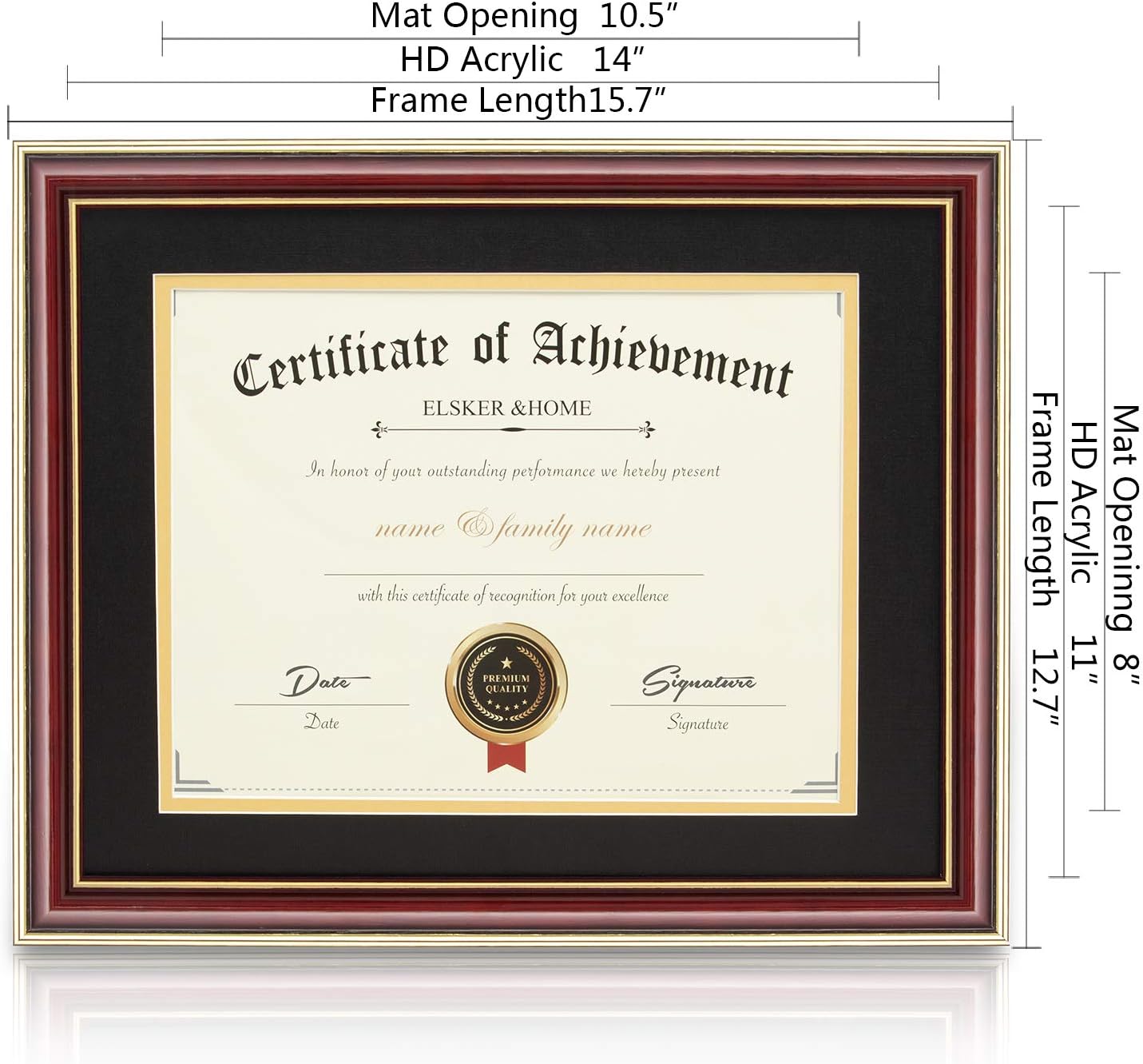 ELSKER&HOME Diploma Frame - Wide Solid Wood Frame - Black Velvet Golden Rim Mat - Semi-Tempered Glass - Includes Hanging Hardware and Desktop Easel(ONLY Display 11×14 Document/Certificate)