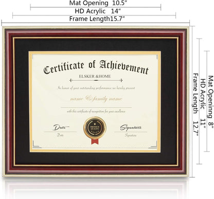 ELSKER&HOME Diploma Frame - Wide Solid Wood Frame - Black Velvet Golden Rim Mat - Semi-Tempered Glass - Includes Hanging Hardware and Desktop Easel(ONLY Display 11×14 Document/Certificate)