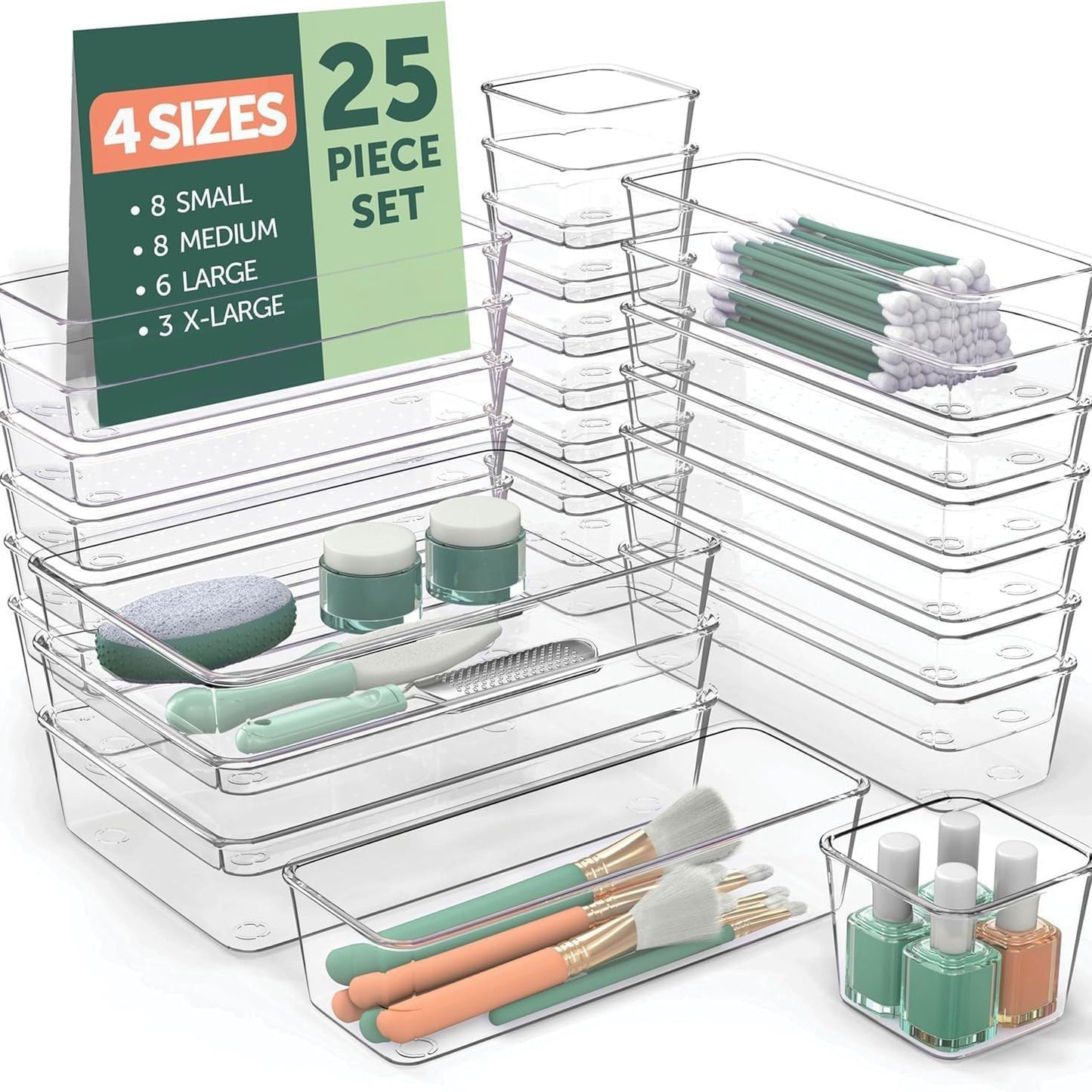 25 Pack Fridge Storage Containers, Plastic Office Organization Clear Food Storage Boxes Snack Organiser Refrigerator Storage Bins Set for Kitchen Bathroom Pantry Cabinet