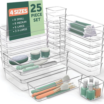 25 Pack Fridge Storage Containers, Plastic Office Organization Clear Food Storage Boxes Snack Organiser Refrigerator Storage Bins Set for Kitchen Bathroom Pantry Cabinet