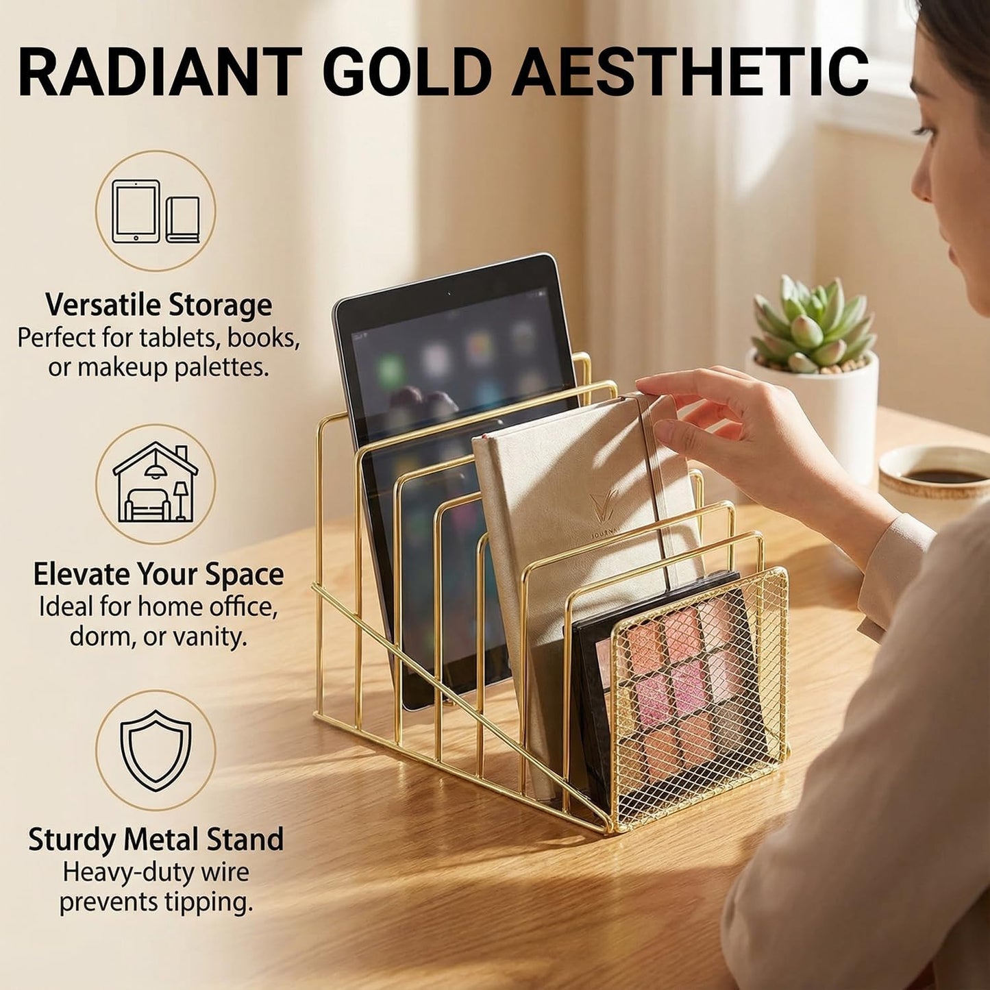 Simmer Stone Rose Gold Desk Organizer 7 Slot Inclined Vertical File Folder Holder Sorter with Mesh Front – Metal Wire Rack for Mail, Slim Binders, Books Office Organization & Desktop Accessories