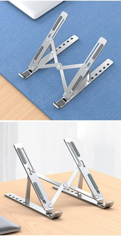 Adjustable Laptop Stand - Aluminum Foldable Portable Computer Riser for 10-15.6 Inch Laptops, Ergonomic Design with Storage Bag, Compatible with MacBook Air/Pro, HP, Dell, Lenovo (Silver)