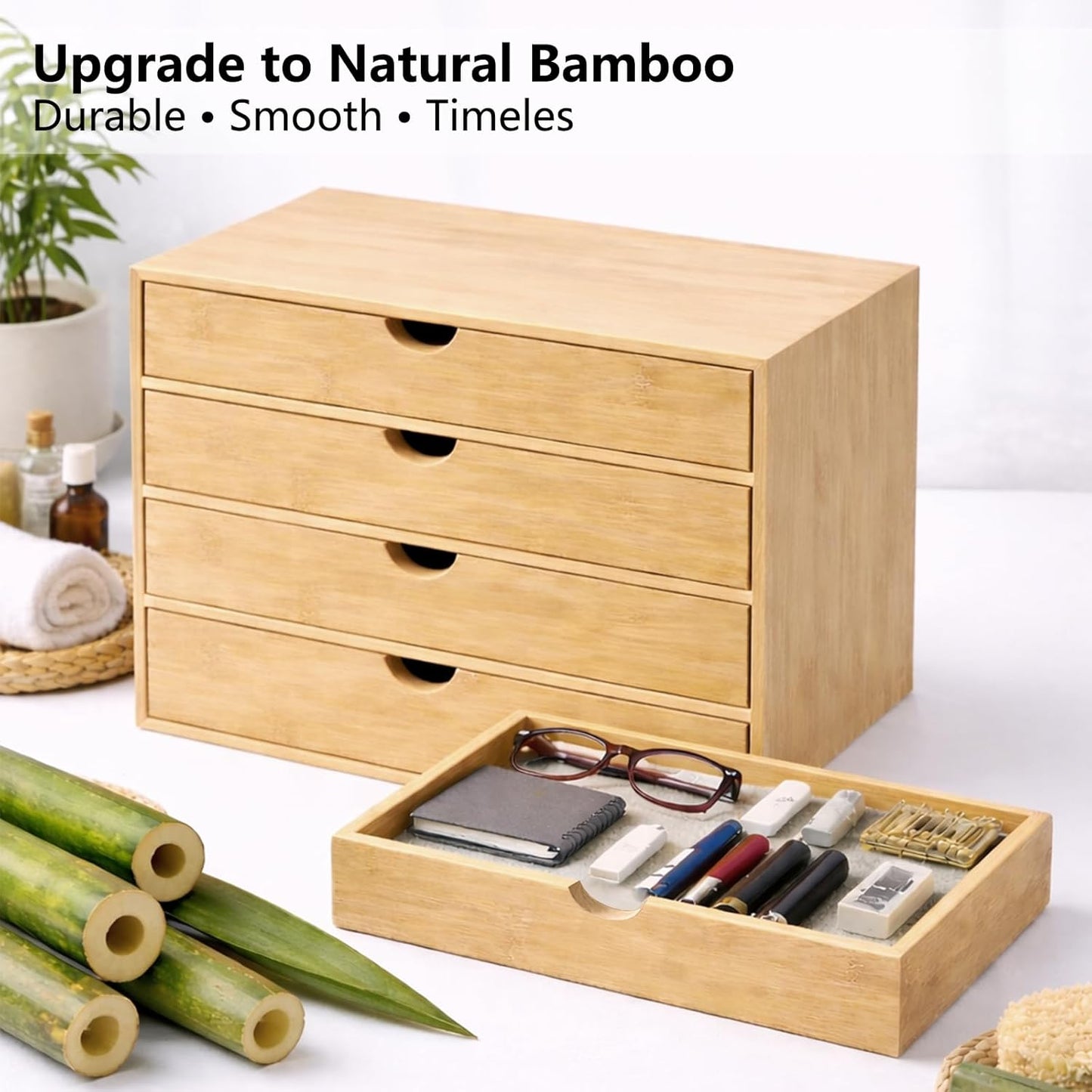Neando Bamboo Desk Organizer with 2 Drawers, Wooden Countertop Drawers Organizer, Tabletop Storage Organization Box for Office & Home, No Assembly Needed