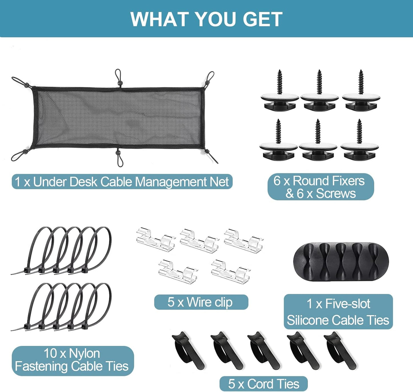 Under Desk Cable Management Net, 36PCS Under Table Cord Management Mesh Organizer Flexible Wire Hiders, Extra Large Capacity Wire Management Kit Under Desk, Fits Most Tables