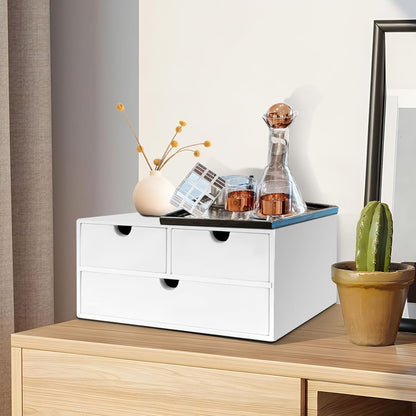Charmewooden Bamboo Desk Organizer 3 Drawer with Shelf, Countertop Organizer with Drawers Makeup Storage Drawer 3 Drawers Tabletop Storage Organization Box Home Office Workspace（White）