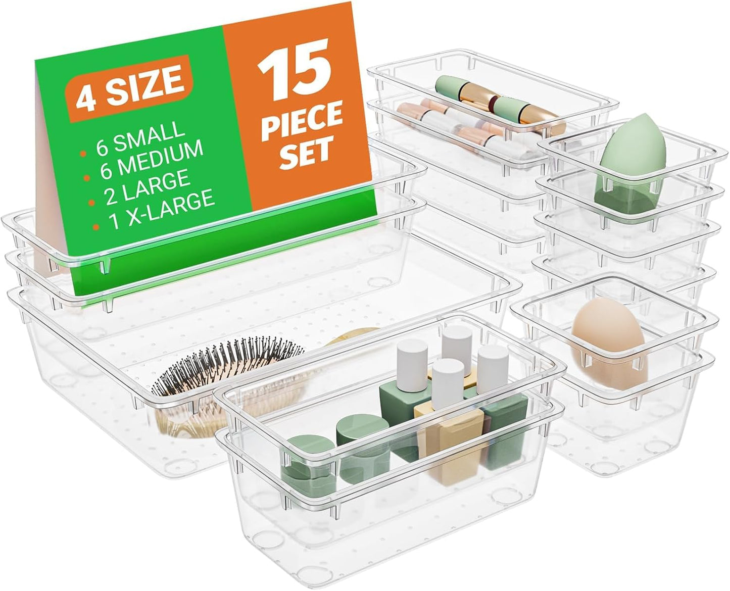 SpaceHacks 15 PCS Clear Plastic Drawer Organizer Set, 4-Size Acrylic Drawer Storage Trays, Storage Bins for Makeup, Gadgets, and Jewelry in Bathroom, Bedroom and Office, Clear Black