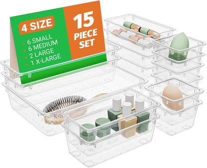 SpaceHacks 15 PCS Clear Plastic Drawer Organizer Set, 4-Size Acrylic Drawer Storage Trays, Storage Bins for Makeup, Gadgets, and Jewelry in Bathroom, Bedroom and Office, Clear Black