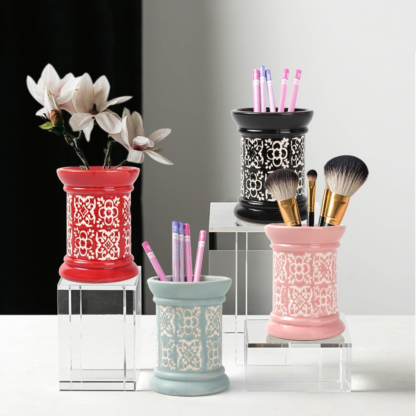 Ceramic Cactus Pen Holder, Cactus Decor Cute Pencil Holder, Makeup Brush Holder for Home, Office Desk Accessories(Dark Green)