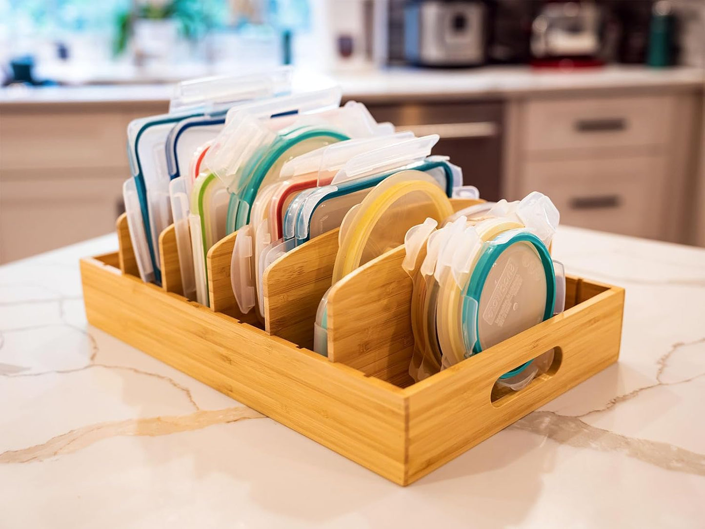 Umilife Kitchen Cabinet Organizer for Food Storage Container Lids, with Adjustable Dividers, Bamboo Drawer Caddy, Box for Kitchen Storage And Organization