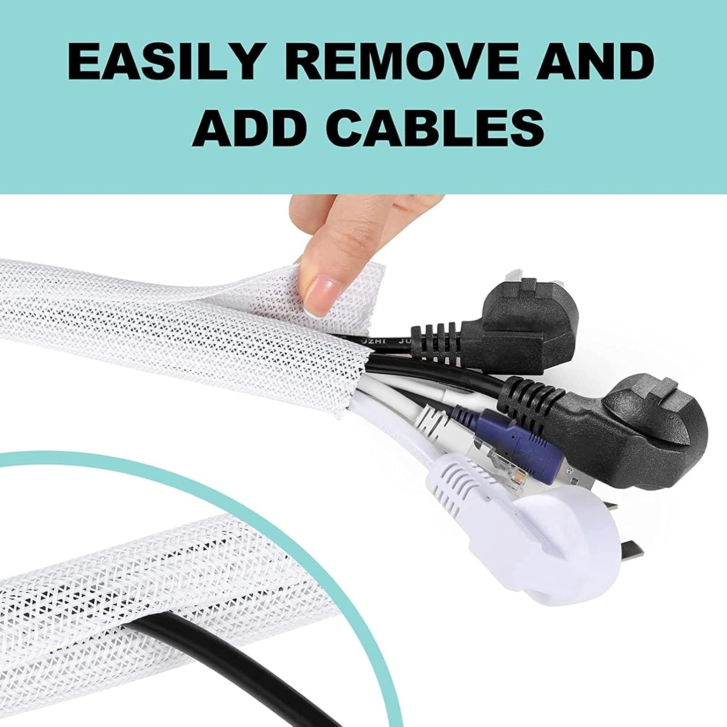 AGPTEK White Cable Sleeve, 2 Pack 5ft - 1.2 Inch Cable Management, Desk Cord Cover Organizer Wire Hider for Computer TV Wire Loom Tubing, Pet Proof Cord Protector from Cat Dog Chewing, White