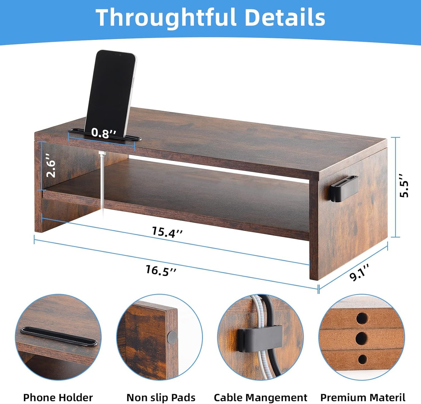 Marbrasse Monitor Stand Riser, 2 Pack 16.5 Inch 2 Tier Computer Monitor Stand, Printer Shelf Stand for Laptop Computer Screen Storagek,Desktop Stand with Phone Holder and Cable Management