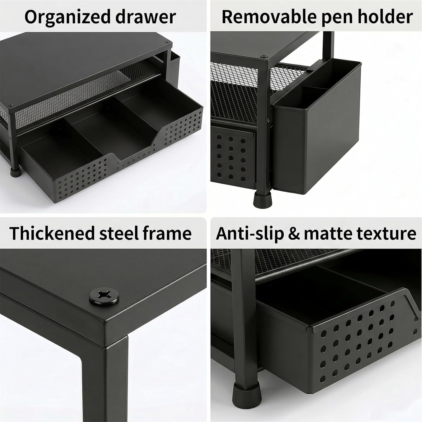 ECOLOVI Desk Organizer and Accessories, 2-Tier Computer Monitor Stand Rise with Storage Drawer & 2 Pen Holders, Laptop & Printer Stand for Desktop, Workspace Organizers for Office Supplies (Blue)