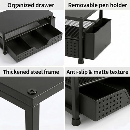 ECOLOVI Desk Organizer and Accessories, 2-Tier Computer Monitor Stand Rise with Storage Drawer & 2 Pen Holders, Laptop & Printer Stand for Desktop, Workspace Organizers for Office Supplies (Blue)