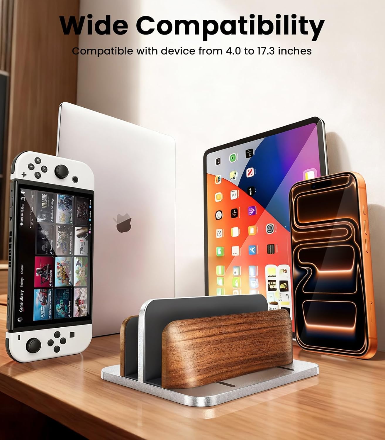 LOXP Vertical Laptop Stand, [Dual Slot Wooden + Aluminum Laptop Holder], Desktop Adjustable MacBook Stand, Adjustable Base, for MacBook Pro/Air, (up to 17.3-inch All laptops)
