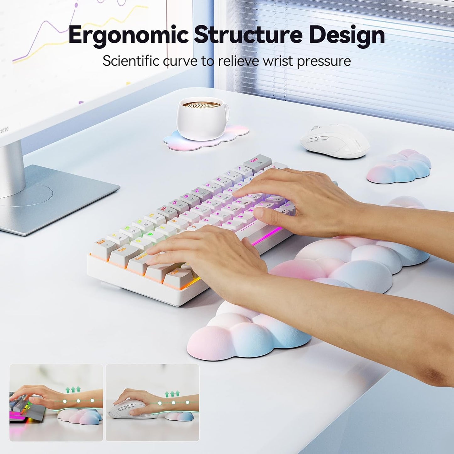 TECKNET Cloud Keyboard Wrist Rest Set, Cloud Wrist Rest with Non-Slip Base, PU Leather Wrist Pad for Keyboard with Ergonomic Memory Foam for Computer Laptop Office Gaming and Pain Relief, White