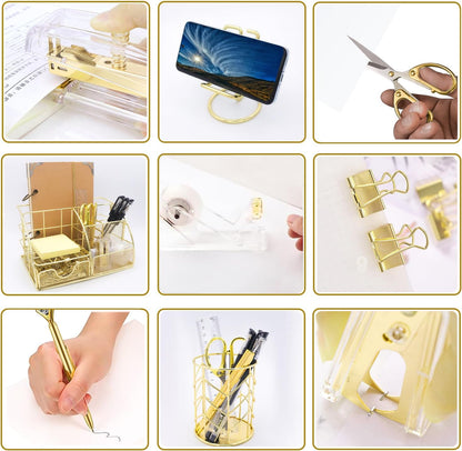 Gold Desk Organizers,Desk Accessories,Office Supplies Set,13PS Set with Acrylic Stapler,Tape Dispenser,Staple Remover,Pen Holder,Clips,Scissor, Phone Holder,Pen