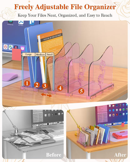 Adjustable Rose File Organizer for Desk, Vertical File Folder Holders for Magazines, Upright Desktop Binder Organizer, Clear Paper Bookshelf Divider File Sorter for School Office Supplies