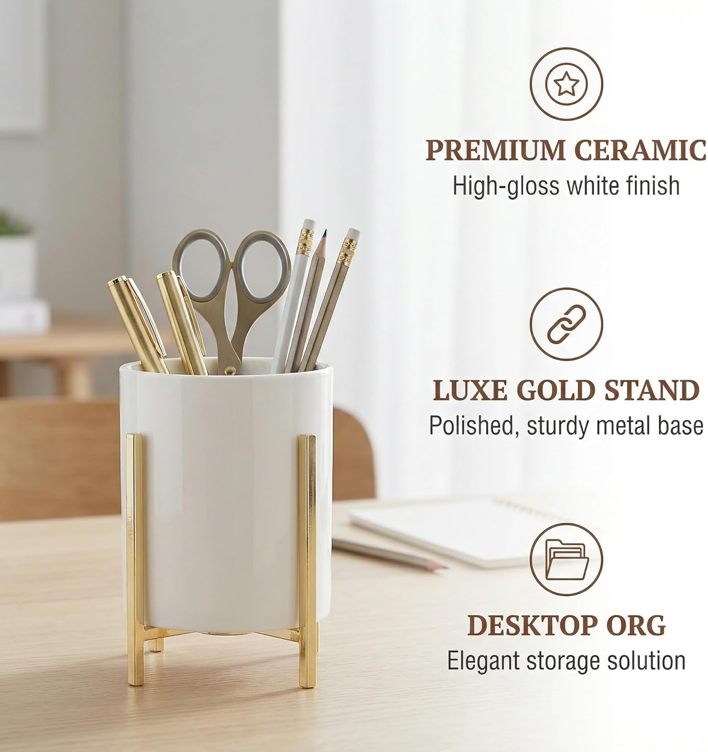 4.72" Gold Pen Holder Aesthetic Pencil Holder for Desk, Gold Desk Organizers and Accessories for Women Girls, Ceramic Pen Holder for Office
