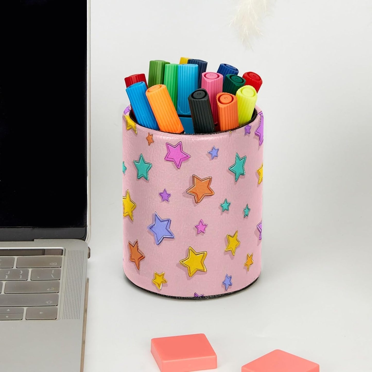 Leather Pen Holder for Desk, Love Cherry Pencil Organizer Pencil Cup Desk Decor Makeup Brush Holder Multifunctional Office Supplies for Home,Office, School