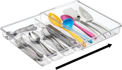mDesign Adjustable, Expandable Plastic Kitchen Cabinet Drawer Storage Organizer Tray - for Storing Organizing Cutlery, Spoons, Cooking Utensils, Gadgets - 2" High - Clear