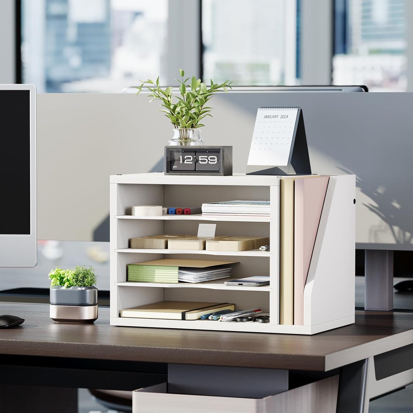 Creso hom Mail Sorter, File Organizer Desktop, Wood Desk Organizer with 3 Adjustable Shelves, Mail Holder for Office, Home, Letter Sorter File Holders for Envelopes, Supplies Magazines, Rustic Brown