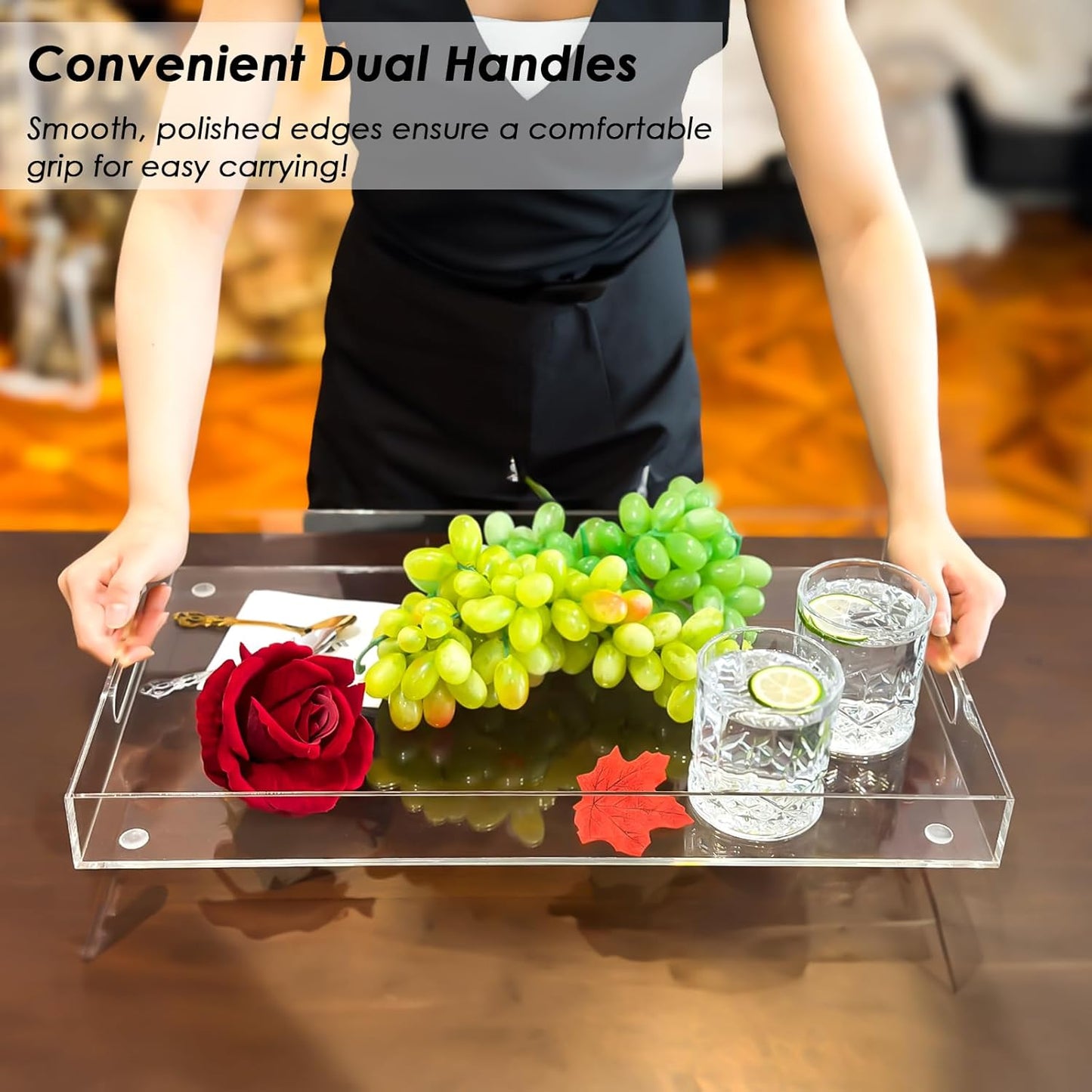 2 Pack Serving Tray with Handles, Clear Acrylic Tray for Serving Food, Large Outdoor Food Trays for Eating, Lucite Acrylic Trays for Appetizer, Pizza, Fruit and Drinks, Unbreakable, 16"×12"