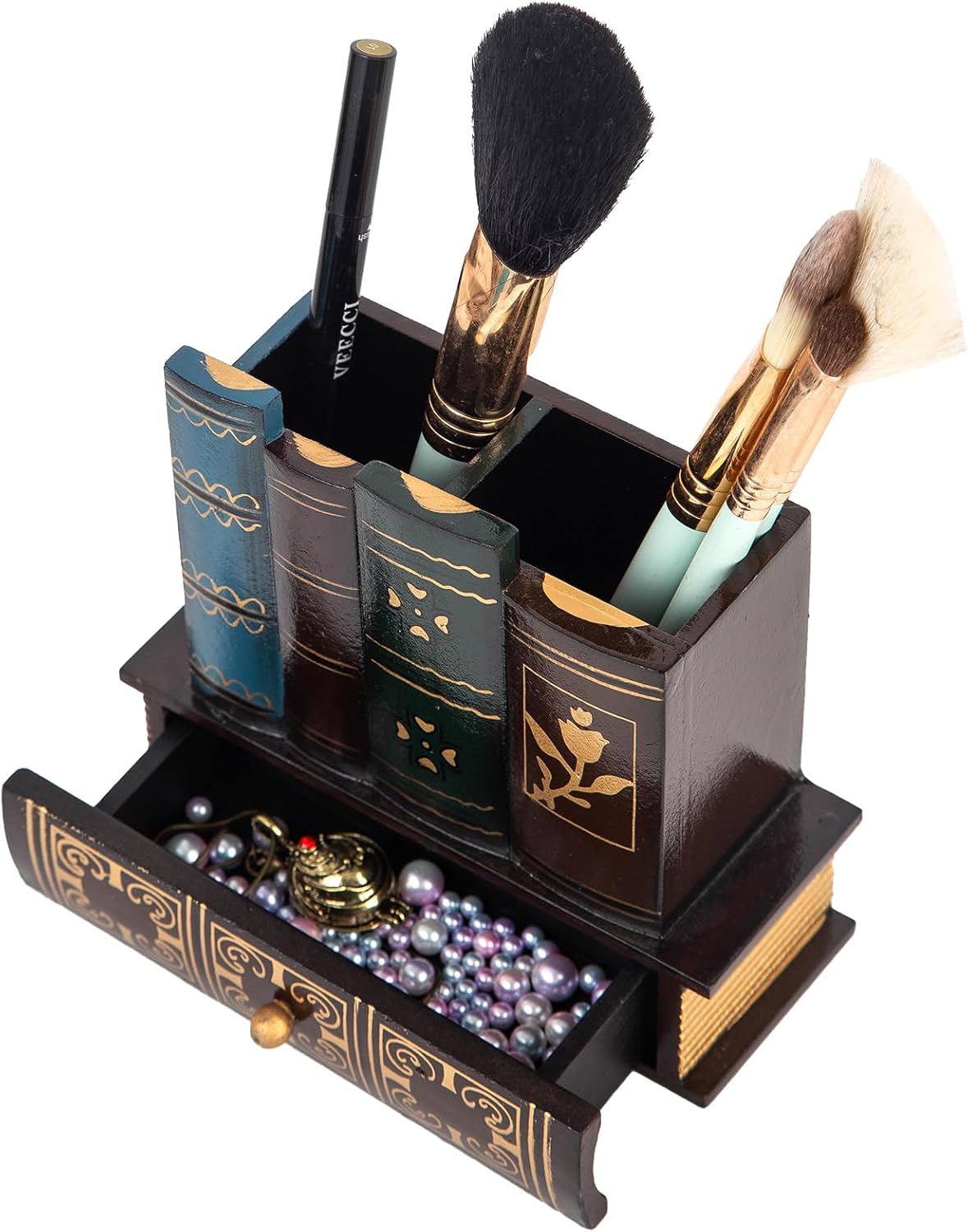 VERGOODR Decorative Pencil and Pen Holder with Storage Drawer, Wooden Desk Organizer Caddy, Antique Library Books Design Pen Cup for Office Supplies, Countertop, Desk,Table (Reddish brown)