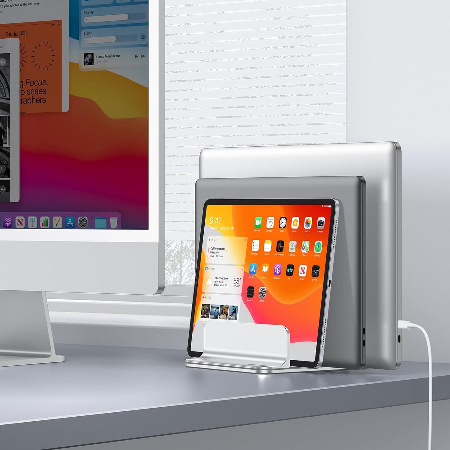 OMOTON Vertical Laptop Stand [Updated 3-Slots Version], Desktop Aluminum Mac Book Stand with Adjustable Dock Size, Fits All Mac Book, Chrome Book and Gaming Laptops (Up to 17.3 inch), Starlight