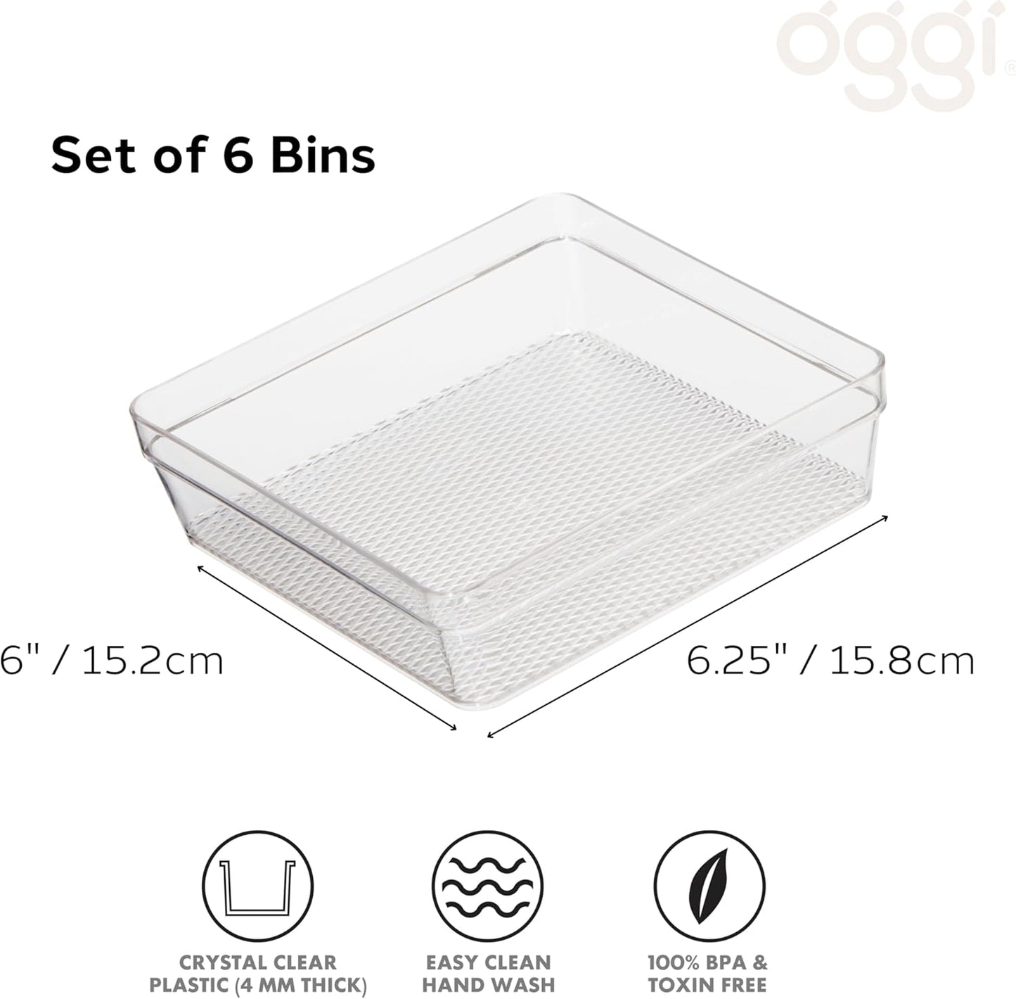 Oggi Clear Drawer Organizer - 3" X 9.5" (Set of 6) - Ideal for Organizing Kitchen Drawers, Office, Desk, Silverware, Kitchen Utensils, Cosmetics and Bathrooms