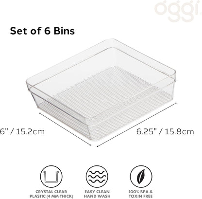 Oggi Clear Drawer Organizer - 3" X 9.5" (Set of 6) - Ideal for Organizing Kitchen Drawers, Office, Desk, Silverware, Kitchen Utensils, Cosmetics and Bathrooms