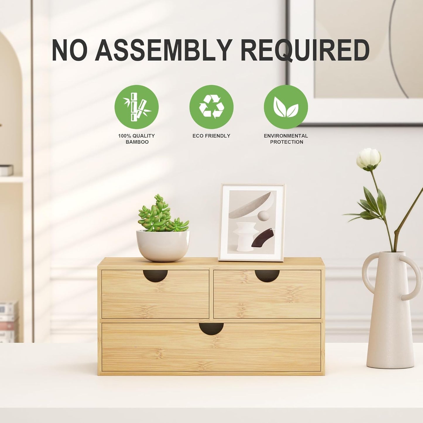 Bamboo Desk Organizer with Drawers - Small Desktop Storage Container for Countertop & Tabletop - No Assembly Required