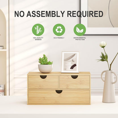 Bamboo Desk Organizer with Drawers - Small Desktop Storage Container for Countertop & Tabletop - No Assembly Required