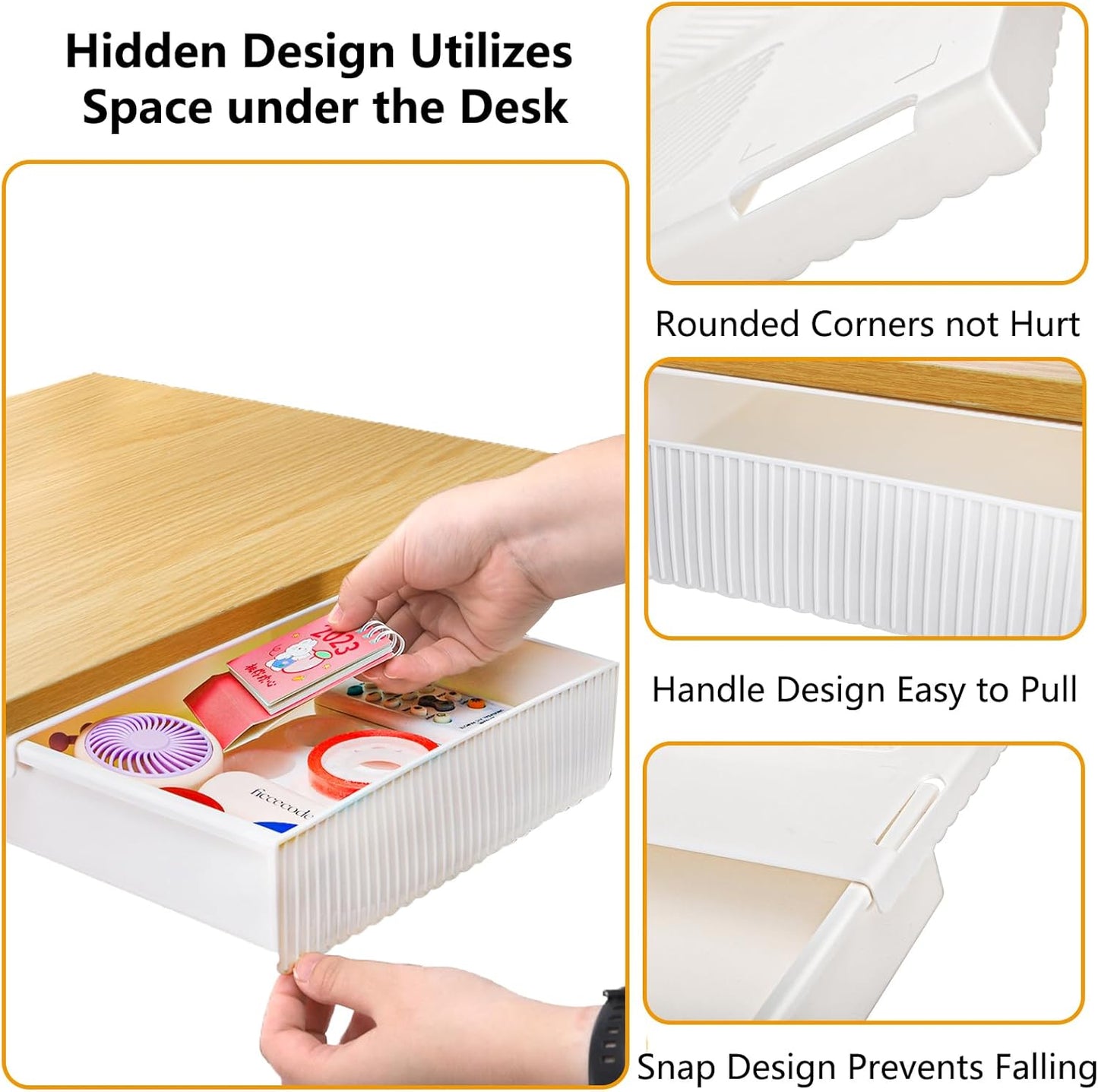 YOUEON 3 Pack Under Desk Drawer Slide Out, Self-Adhesive Under Table Drawer, Hidden Attachable Under Desk Storage Drawers, Stick on Drawers for Office, Home, School, White