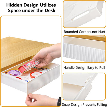 YOUEON 3 Pack Under Desk Drawer Slide Out, Self-Adhesive Under Table Drawer, Hidden Attachable Under Desk Storage Drawers, Stick on Drawers for Office, Home, School, White